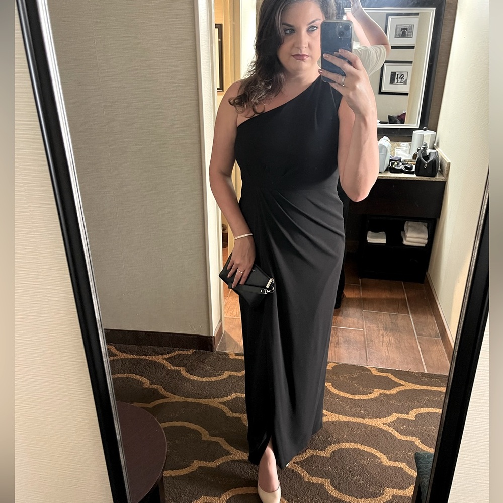Calvin Klein one-shoulder draped gown